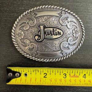 Vintage Justin Western Engraved Cowboy Belt Buckle Floral Scroll Oval